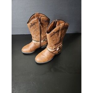 Rodeo Ropers Bozeman Kids Tan Brown Western Cowboy Boots Chain Bow Size 13M